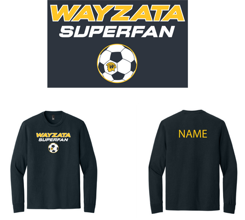 Wayzata Girls Soccer Navy Blue Superfan long sleeve T-shirt with back name